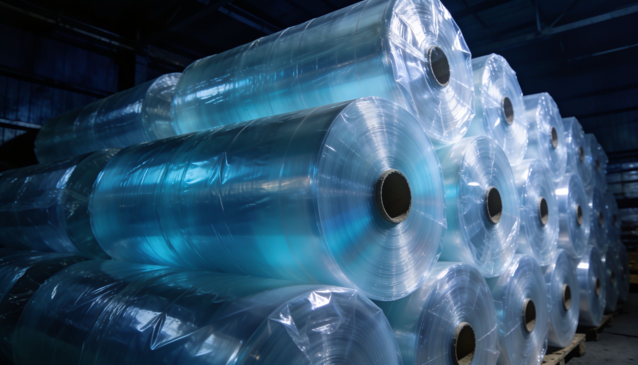 Rolls of clear polyethylene blown film in a warehouse