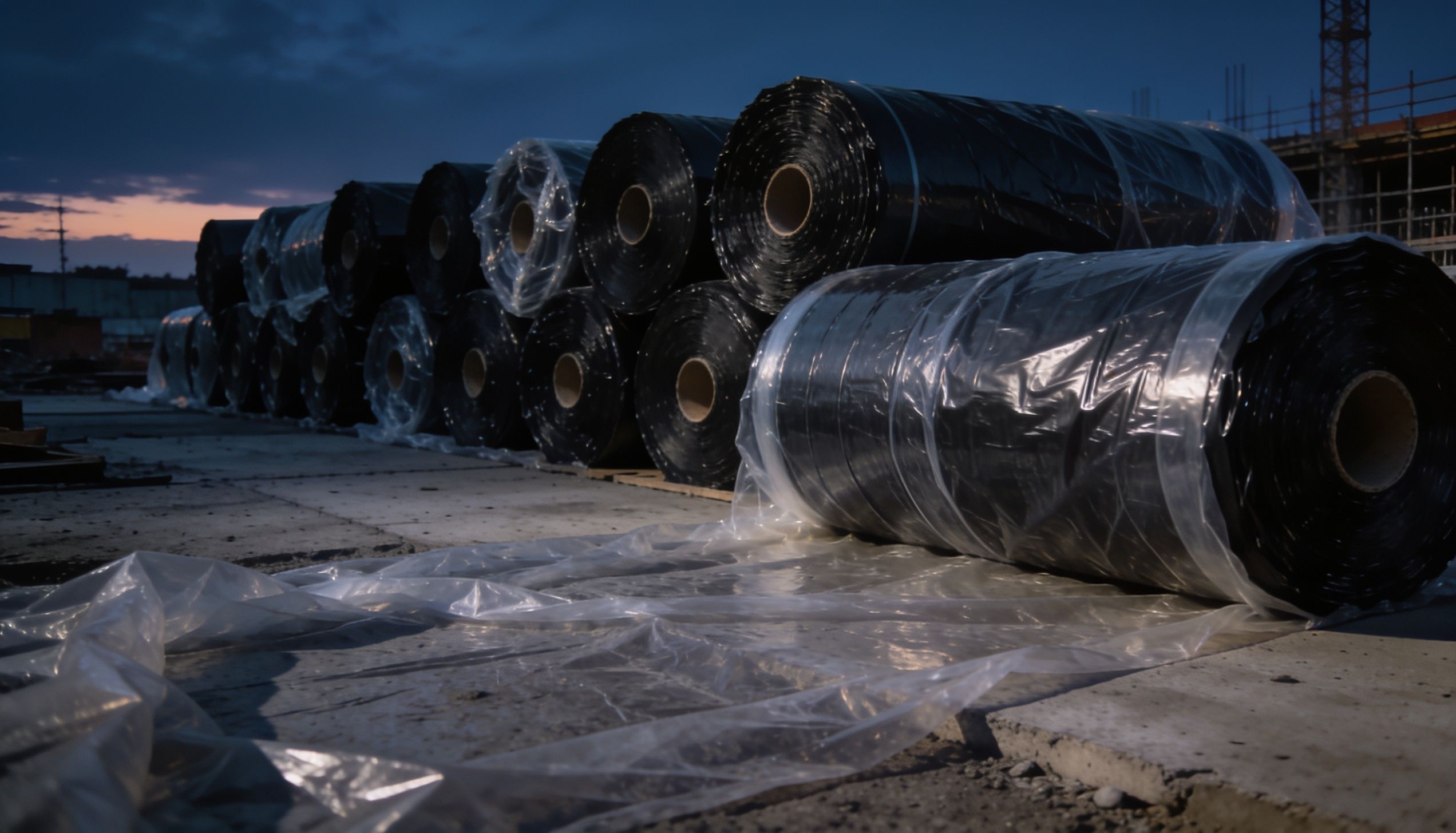 Heavy-gauge construction film rolls at a building site