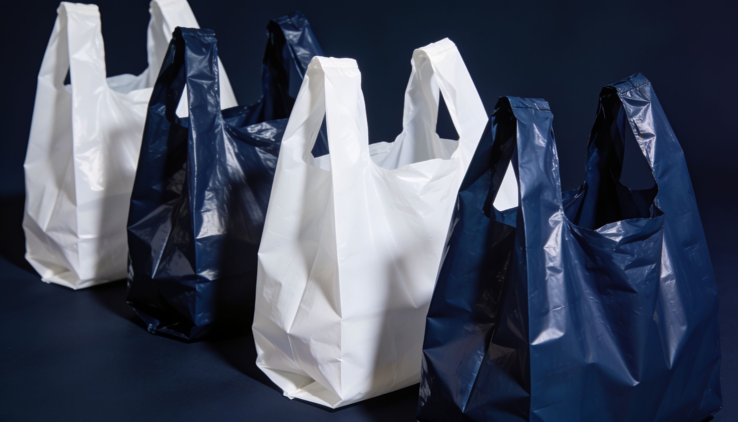 White and navy plastic grocery carrier bags in a row