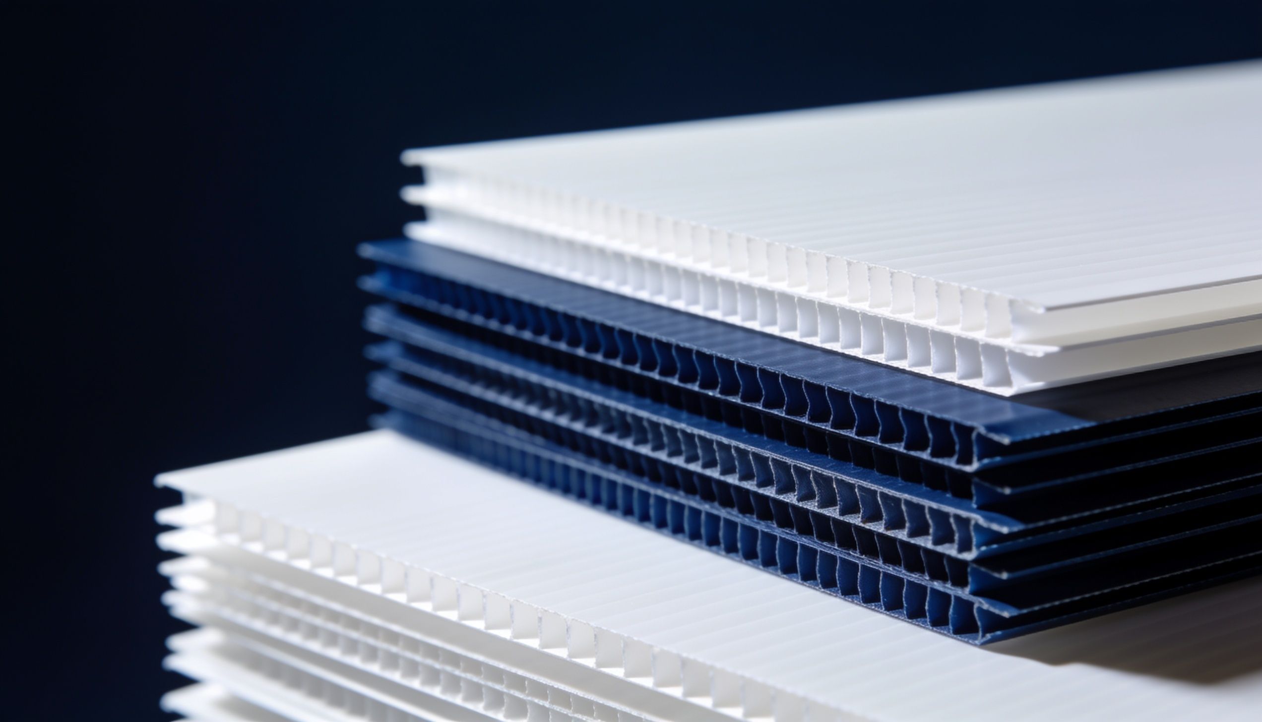 Stack of white and navy corrugated polypropylene sheets